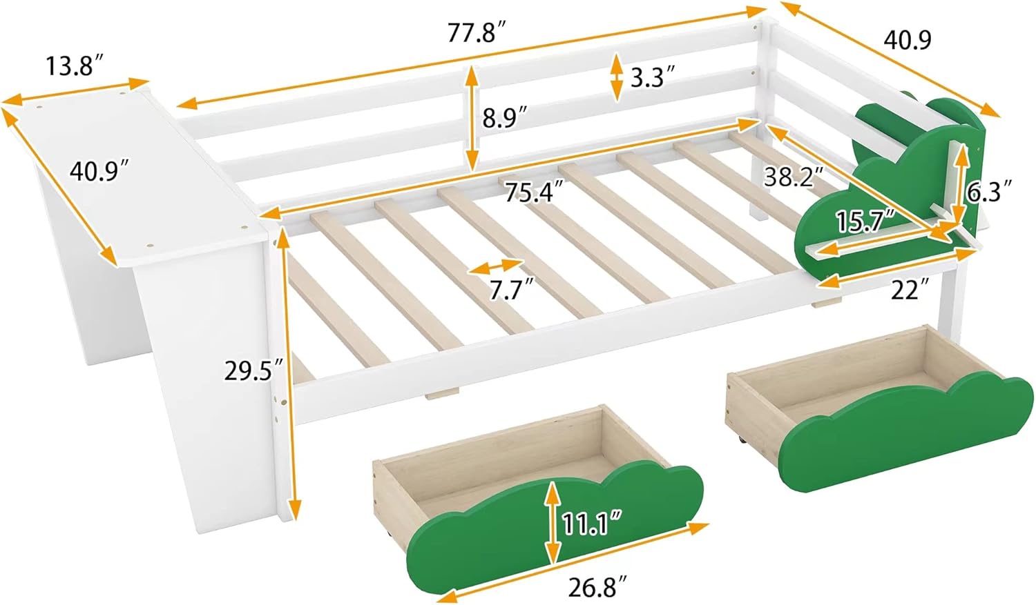 Twin Size Daybed with Desk, Green Leaf Shape Drawers and Shelves, White