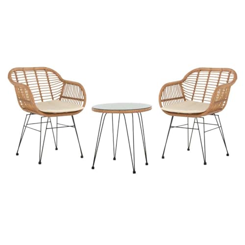 SAFAVIEH Outdoor Collection Alton Light Brown Rattan/Beige Seat Cushion 3-Piece Patio Lounge Bistro Set with Table (PAT9004C)