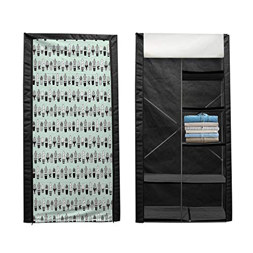 Ambesonne Cactus Portable Fabric Wardrobe, Mini Cacti in Pots with Geometric Designs Polka Dots Stripes, Clothing Organizer and Storage Closet with Shelves, 59