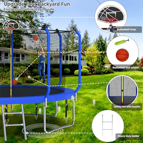 Upgraded 8FT/10FT/12FT/14FT Trampoline, Outdoor Trampoline with Basketball Hoop, Backyard Trampoline with Light, Sprinkler, Stakes, Capacity for 4-6 Kids and Adults