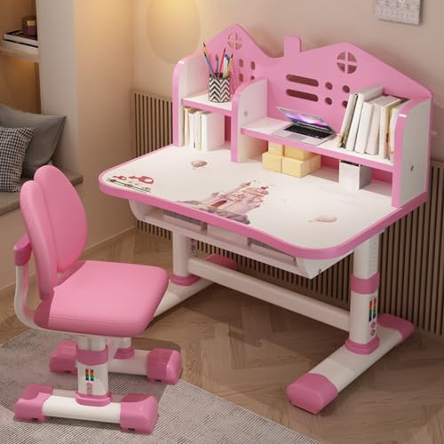 Kids Study Desk and Chair Set Children Desk, Height Adjustable Children's Desk and Chair School Study Table Chair with Drawer Shelf Desk for Bedroom Classroom with Cartoon Pattern (Pink)