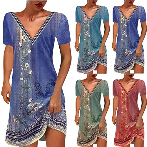 Women's Vintage Printed Boho Dress Round-Neck Short Sleeved Mini Dress Classic Summer Beach Dress Sun Dress