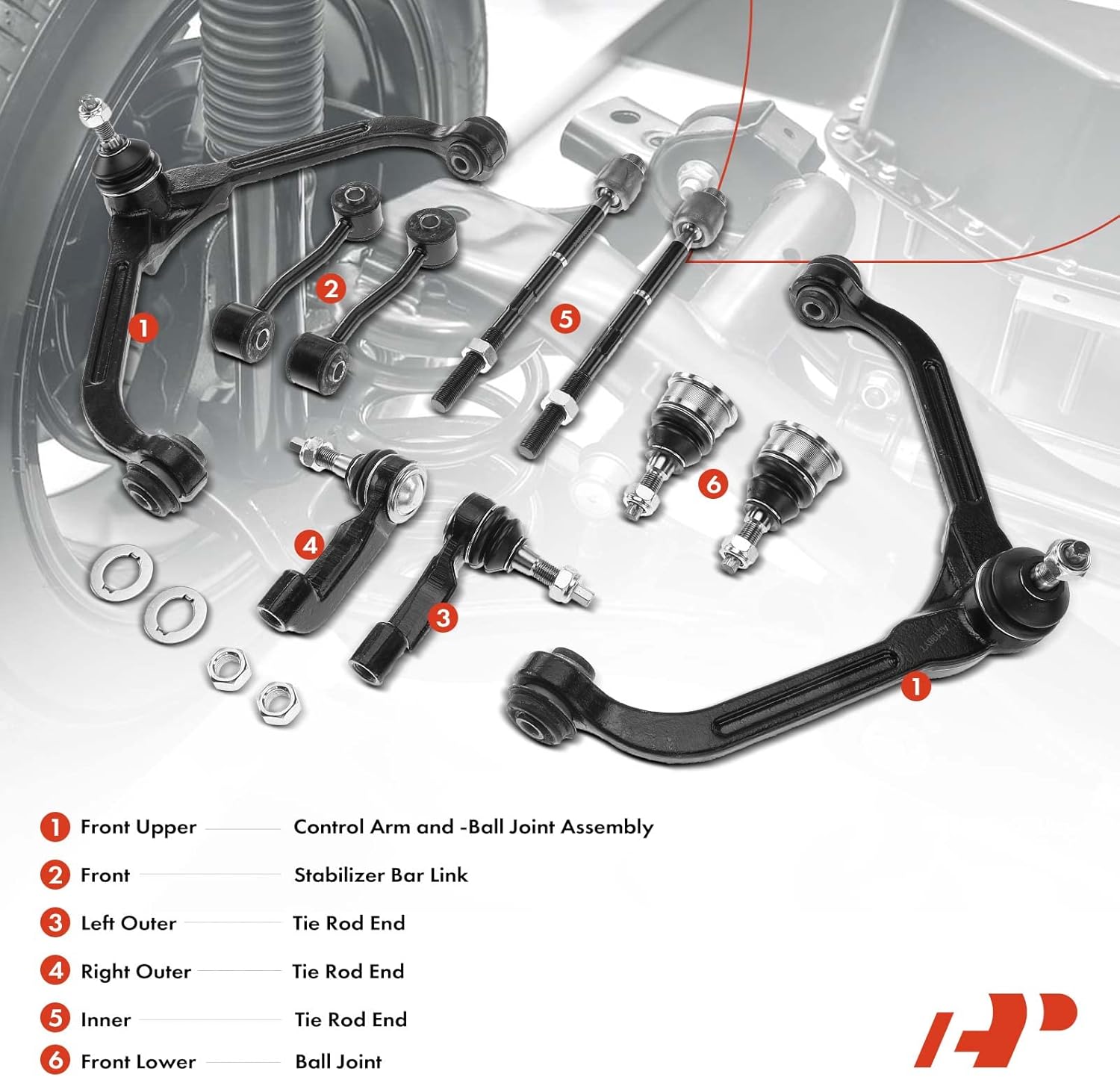 A-Premium 10Pcs Front Suspension Kit, Upper Control Arm Sway Bar Link Lower Ball Joint Inner Outer Tie Rod End, Compatible with Jeep Liberty 2002 2003 2004