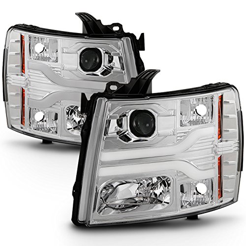 AKKON - For GMT900 Chevy Silverado Pickup Truck Dual LED Tube DRL Chrome Clear Projector Headlights Pairs Lamps