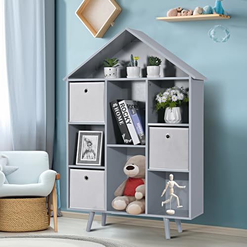 Kinder King Kids Bookshelf, Wooden Bookcase w/3 Storage Bins, 9-Section Toy Storage Organizer for Boys Girls, Freestanding Display Book Shelves, Children Storage Cabinet for Playroom, Grey
