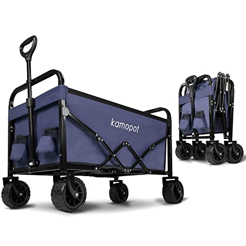 Collapsible Wagon Cart,Folding Wagon for Grocery,Foldable Beach Wagon.Utility Shopping Cart on Wheels.220lb Heavy Duty w/Cupholders & DIY Wheels (Black)