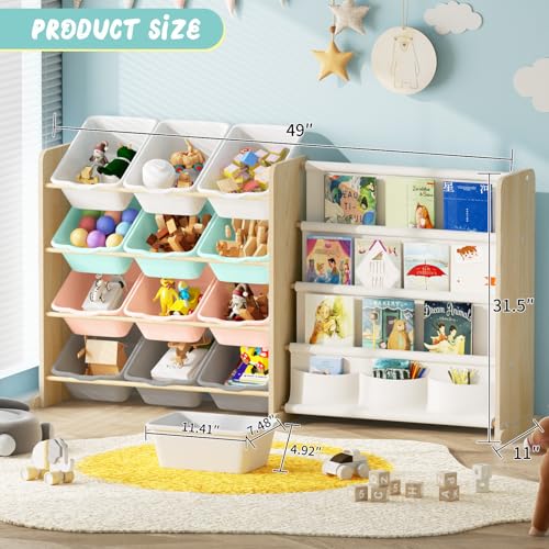 Kids Toy Storage Organizer - Toy Organizer with Kids Bookshelf, Toy Storage with 12 Toy White Bins and 4 Book Shelves, Toy Organizers and Storage for Playroom, Nursery, Kids Room, Burlywood