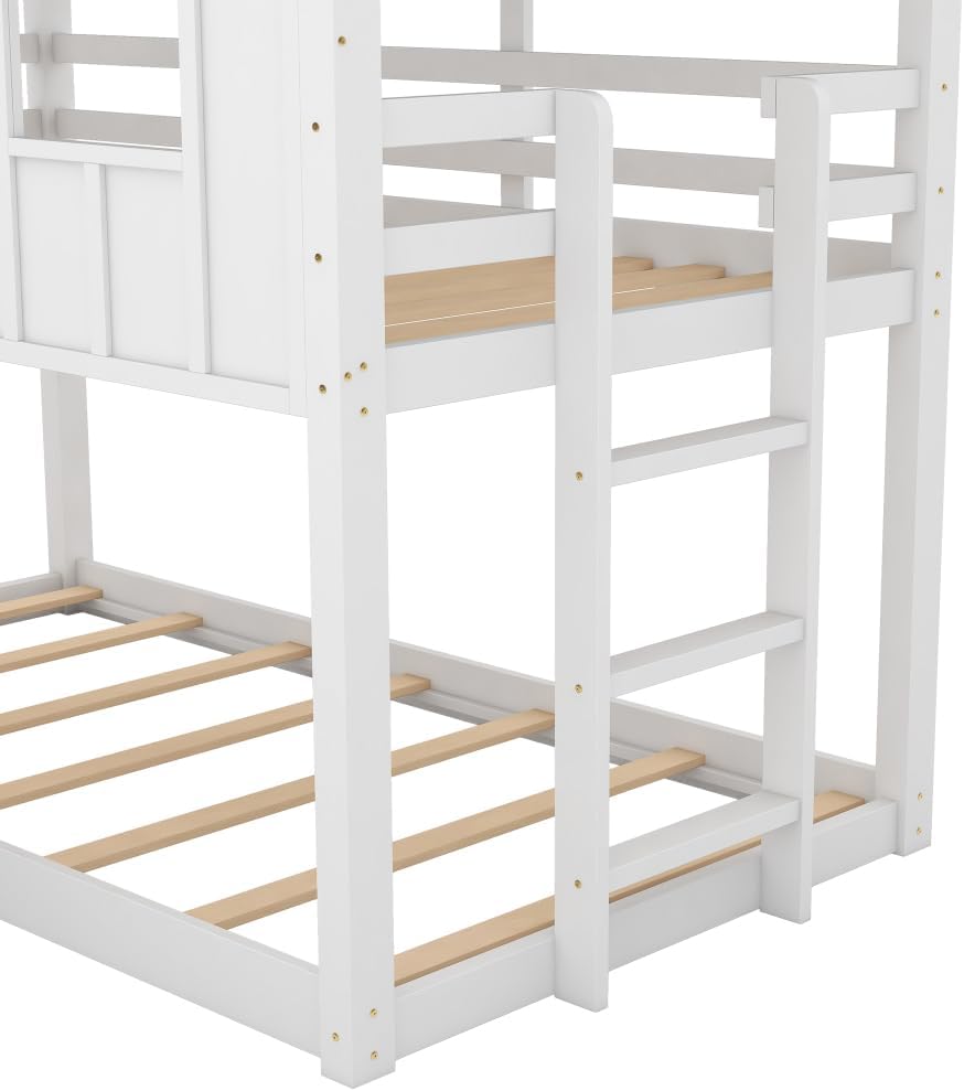 Twin Over Twin House Bunk Bed with Slide and Windows,White 2-Numbers of Package Pine Wood+MDF 14/7pcs 77.4