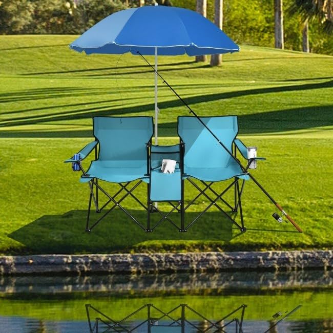 Double Camping Chair Outdoor Folding Chair Loveseat for Festivals, Beach Days Portable 2-Person Seat with Removable Umbrella with Cooler Bag & Cup Holder, 250lbs Weight Capacity per Chair (Grey)