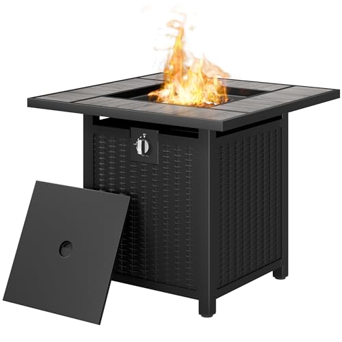 Vongrasig 30 Inch Propane Fire Table, 50,000 BTU Outdoor Gas Fire Pit Table, Square Tabletop with Lid,Lava Rock,Rain Cover for Outside Paito,Garden,Backyard (Walnut Top)