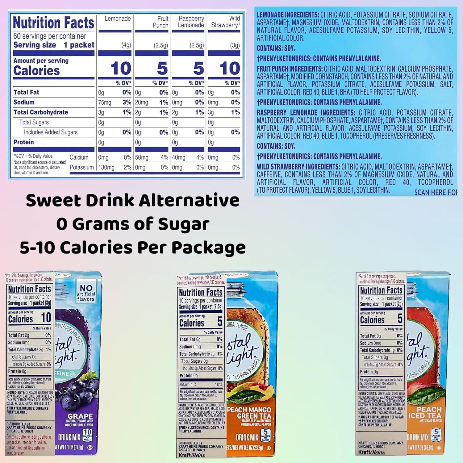 Crystal Light Packets Sugar Free Variety With Lemonade, Fruit Punch, Wild Strawberry, Raspberry Lemonade, Grape, Peach Iced Tea And Peach Mango Green Tea 90 Count Bundle With Drink Pouches With Straw