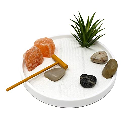 Nature's Mark Mini Zen Garden Kit for Desk with White Sand, Rake, White Base, Salt Rock and Air Plant (Triangle)