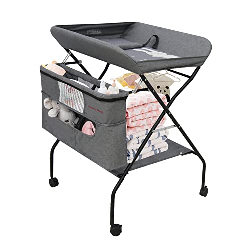 Portable Baby Changing Table, Diaper Changing Table Dresser Changing Station for Infant, Diaper Changing Table Pad, Mobile Nursery Organizer for Newborn -Grey