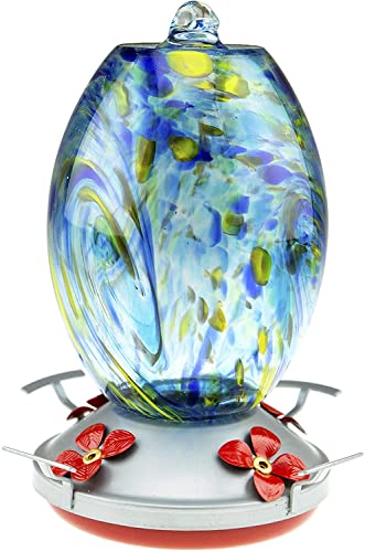 Hummingbird Feeder with Perch | Hand Blown Flat Glass in Red | 27 Fluid Ounces Humming Bird Nectar Capacity with Hanging Metal Wires and Ant Moat Hook