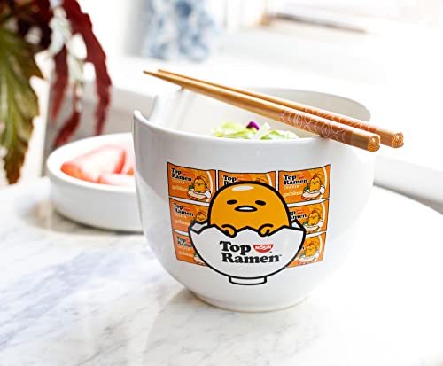 Silver Buffalo Sanrio Gudetama Lazy Egg Nissin Top Ramen Ceramic Ramen Noodle Rice Bowl with Chopsticks, Microwave Safe, 20 Ounces