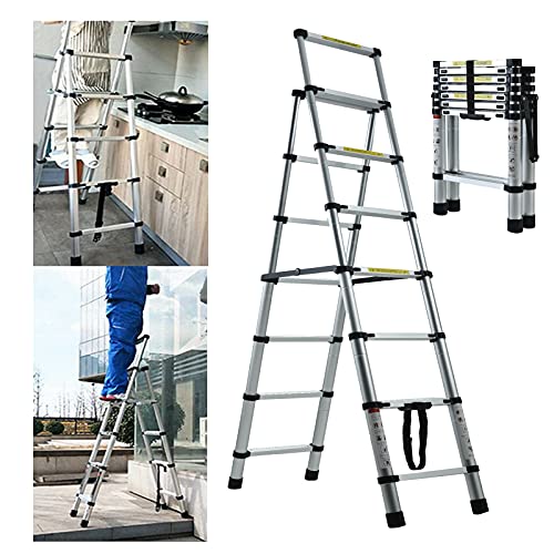 Telescoping Ladder with 2 Detachable Roof Hooks, 16 FT Aluminum Extension Ladder Step Ladders Loft Ladder Attic Ladder Collapsible Ladders for Home, Multi-Purpose Telescopic Ladder, 330 lb Capacity