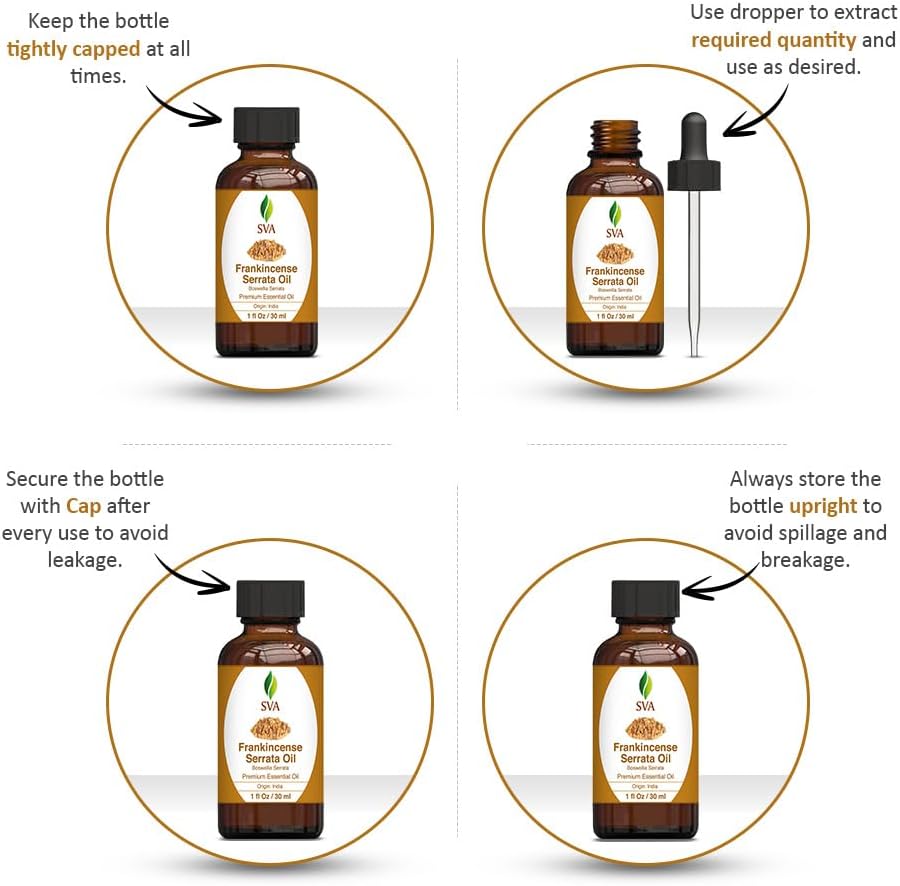 SVA Frankincense Essential Oil 1oz (30ml) Boswellia Serrata Premium Essential Oil with Dropper for Diffuser, Aromatherapy, Hair Care and Skin Massage