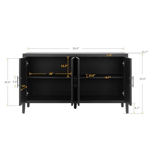 LUMISOL Country Vintage Old Storage Cabinet with 4 Doors, 59.8” Wooden Large Kitchen Sideboard Buffet Cabinet, Retro Style Console Table for Living Room, Dining Room, Entryway, Coffee