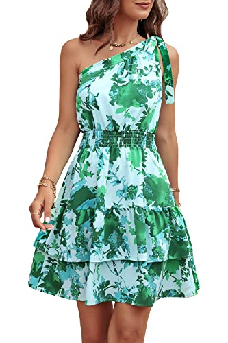 PRETTYGARDEN Women's Summer Tie One Shoulder Boho Floral Dress Elastic Waist Tiered Ruffle A Line Flowy Mini Dresses