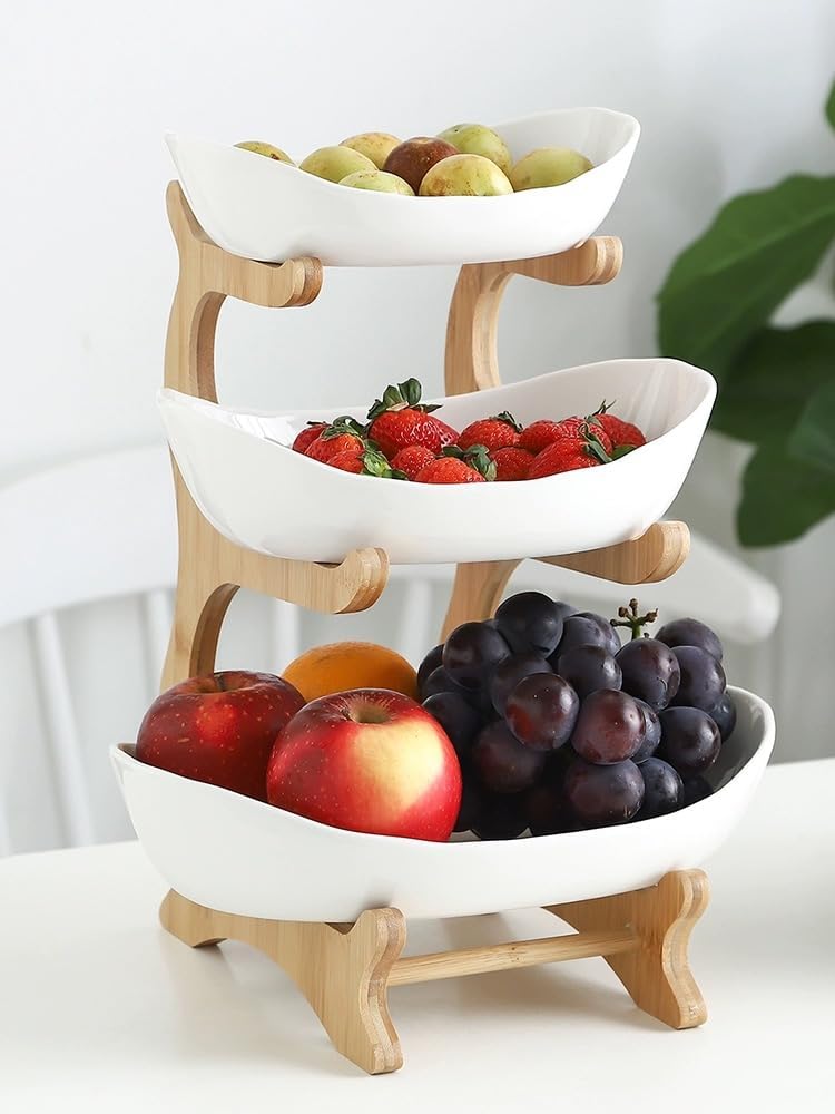 3 Tier Fruit Basket with Bamboo Stand for Counter Large Fruit Bowl with Legs for Kitchen White Snack Dessert Serving Tray for Party Wedding
