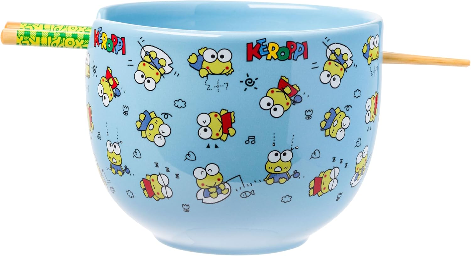 Silver Buffalo Sanrio Hello Kitty and Friends Keroppi Fishing and Doodling Ceramic Ramen Noodle Rice Bowl with Chopsticks, Microwave Safe, 20 Ounces