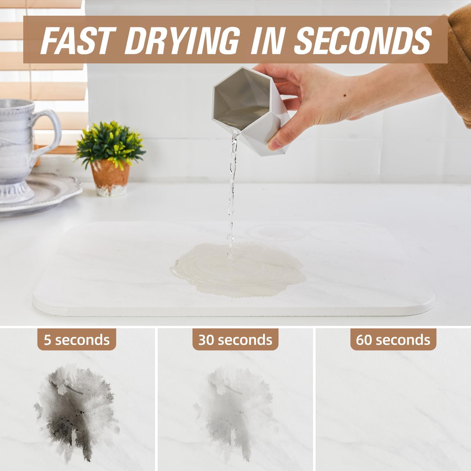 2 Pack Stone Dish Drying Mat for Kitchen Counter, Heat Resistant, Fast Dry, Super Absorbent Dish Drying Mat, Eco-Friendly Diatomaceous Earth Mat with Non-Slip Pad, Sand Tool (16x12 Inch, White Marble)