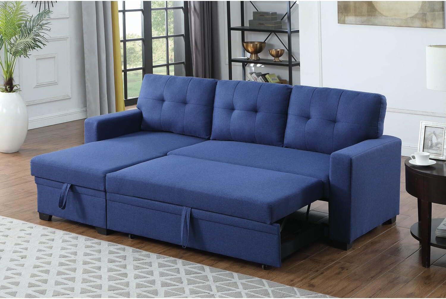 Devion Furniture Polyester Fabric Reversible Sleeper Sectional Sofa-Blue