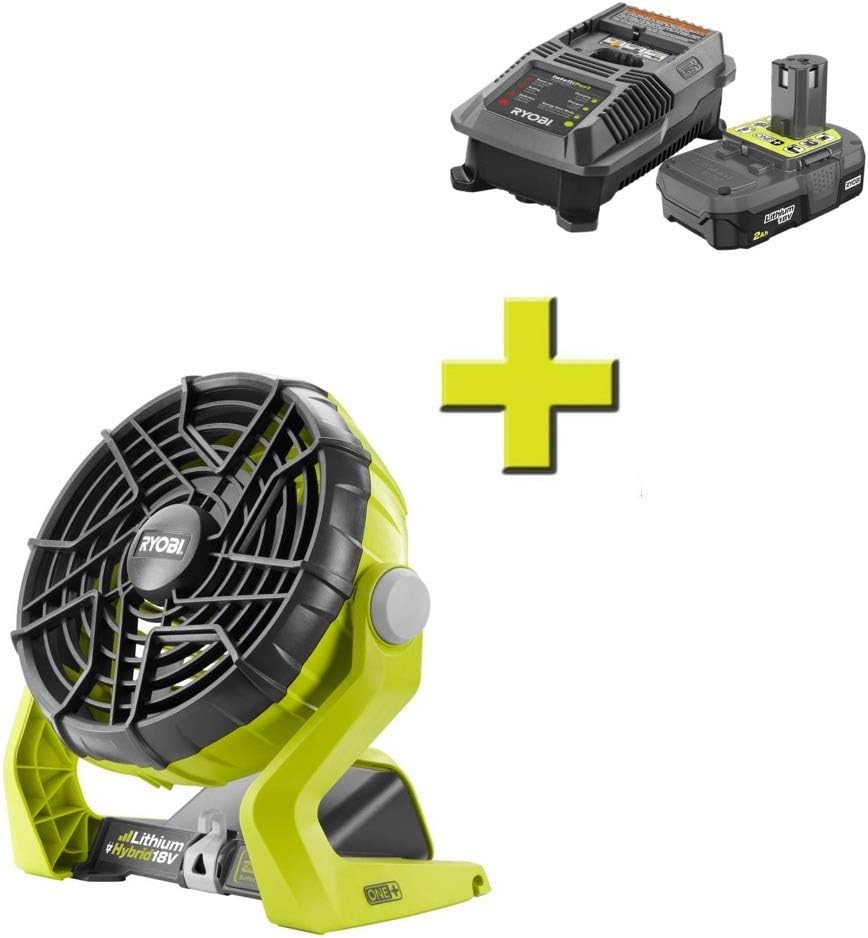 Ryobi 18-Volt ONE+ Hybrid Portable Fan with 2.0 Ah Lithium-Ion Battery and Dual Chemistry Charger