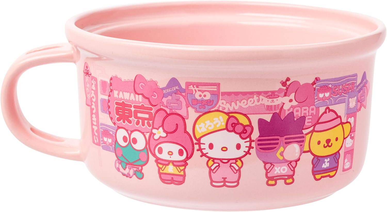 Silver Buffalo Sanrio Hello Kitty and Friends Featuring Keroppi, My Melody, Badtz-Maru, and Pompompurin Soup Mug and Bowl Lid with Spoon and Chopsticks, 13 Ounce Bowl Lid, 22 Ounce Soup Mug