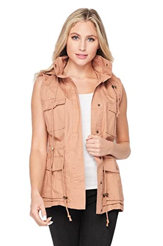 Womens Sleeveless Hooded Anorak Cotton Cargo Utility Safari Military Snap Fashion Vest w/Pockets