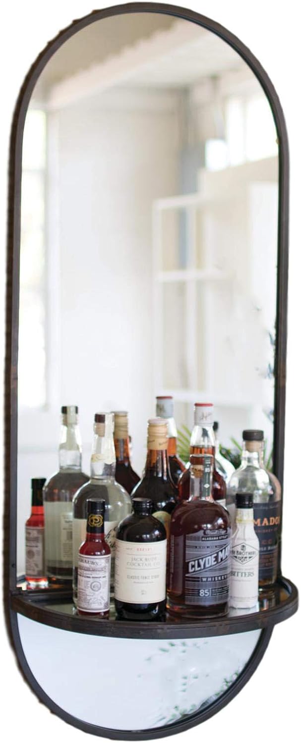 MY SWANKY HOME Tall Oval 45.5 Inch Rustic Metal Framed Wall Mirror Folding Shelf