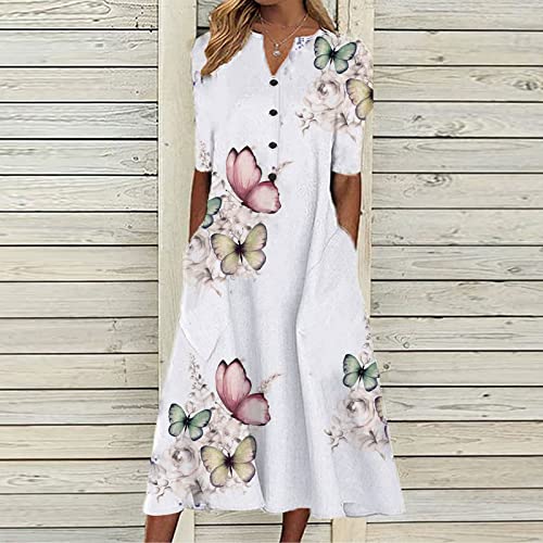 Women Floral Print Boho Dresses Trendy Causal Summer Dress Short Sleeve Button Beach Dresses 2024 Vacation Clothing