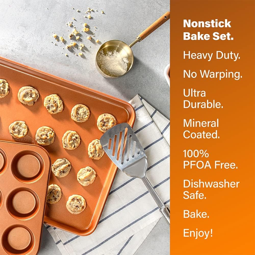 GOTHAM STEEL Copper Cast Cookware & Bakeware Ultra Nonstick Durable Coating – Includes Fry, Stock Pots Baking Pans, 15 Piece Set, Brown