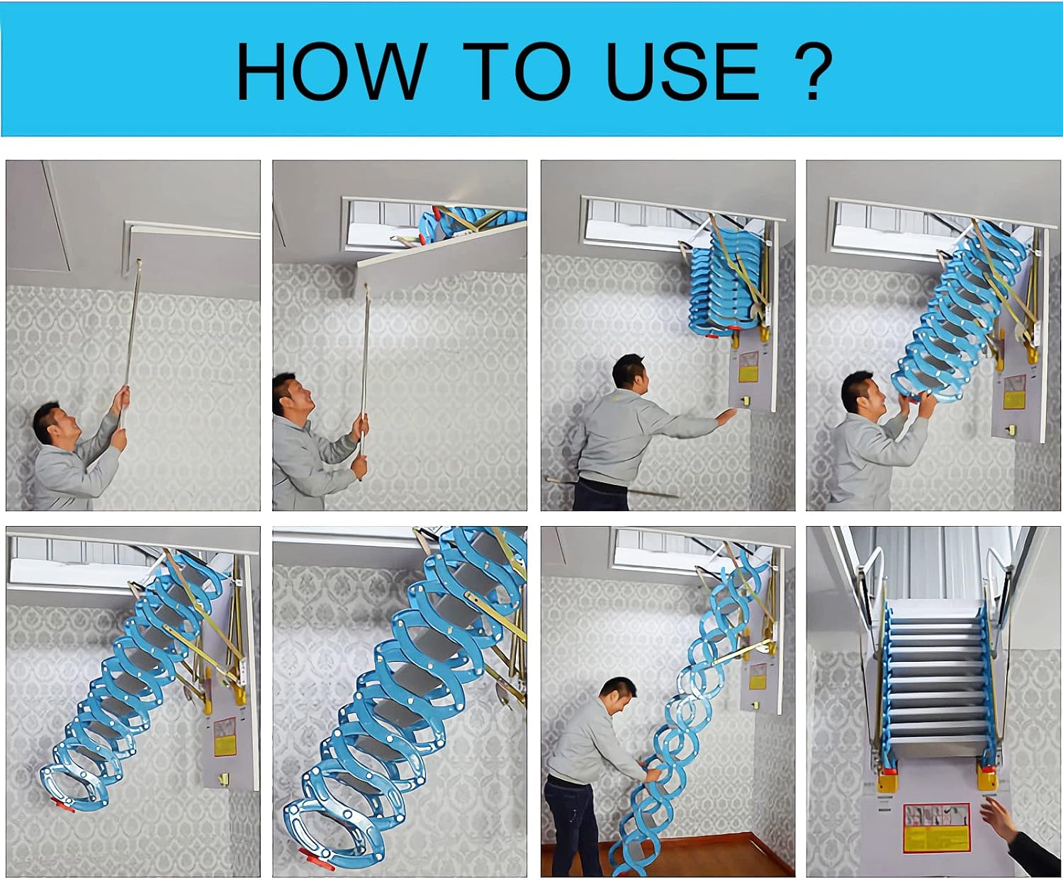 TECHTONGDA Attic Ladder 12 Steps Pull Down Attic Stairs, Folding Ladder Extension Loft Stair, Ceiling Mounted Retractable Loft Ladder, Carbon Steel Attic Access Ladder, 31.5 x 35.4 Inch, 9.8ft Height