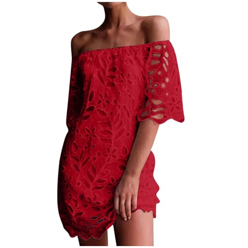 Womens Lace Flare Short Sleeve Loose Elegant Mini Dress Fashion Hollow Out Layered Off Shoulder Party Short Dresses
