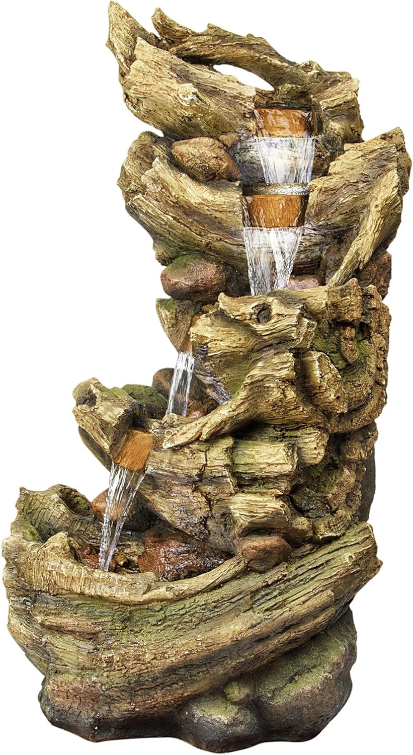 Alpine Corporation TZL132 Outdoor Floor 5-Tier Log Fountain with LED Lights, Cascading Tree Trunk Fountain 47