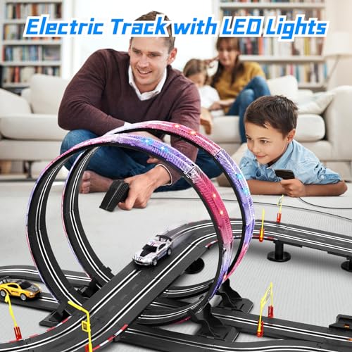 Slot Car Race Track Sets, 23ft Battery Powered or Electric Track with 4 Slot Cars, Dual Racing Game Lap Counters, Race Track Set Features a Loop, Turns, Straightaways and a Crossover for Boys Age 6-12