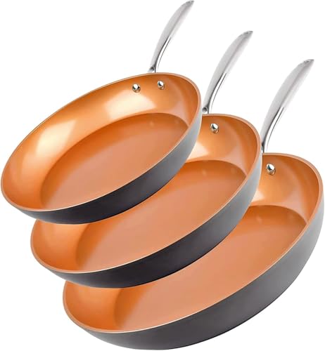GOTHAM STEEL Frying Pan Set, 3 Piece Nonstick Copper Fry Pans Set, 8”, 10” & 12” Nonstick Frying Pans, Nonstick Skillet Set, Omelet Pan, Cookware, PFOA Free, Dishwasher Safe, Cool Touch Handle - RED