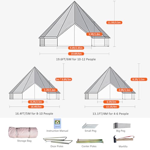 Canvas Bell Tent, 4 Seasons Yurt Tent with 2 Stove Jack, 4 Mesh Zippers Windows, Breathable Waterproof Tent Suitable for 4-12 People, Family Camping Outdoor Party