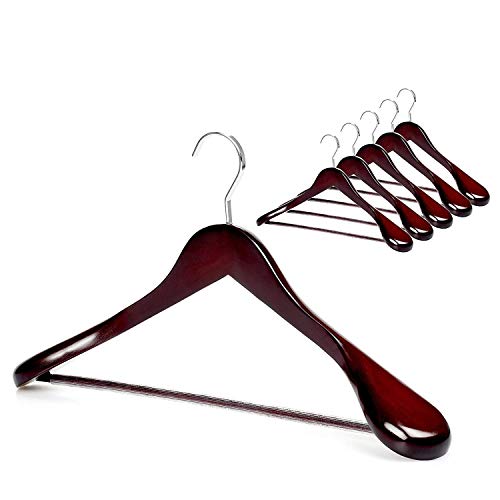 TOPIA HANGER Set of 6 Luxury Mahogany Wooden Coat Hangers, Premium Wood Suit hangers, Glossy Finish with Extra-Wide Shoulder, Thicker Chrome Hooks & Anti-slip Bar CT02M