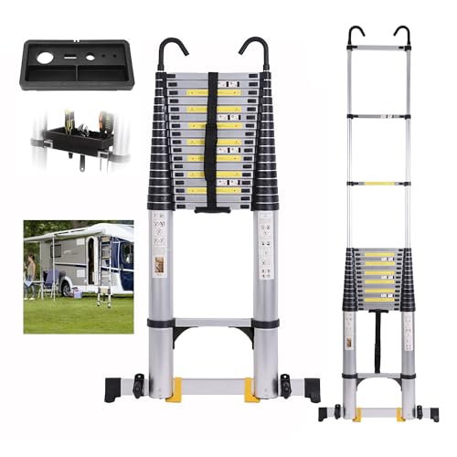 16.5 FT Telescoping Ladder, Lightweight Multi-Purpose Aluminum Extension Ladder w/Tool Tray and Non-Slip Feet, Retractable Extendable Ladder for Home, RV, Roof and Outdoor Work