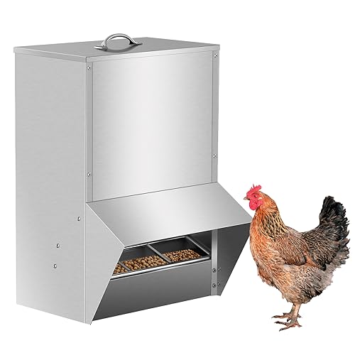 Galvanized Chicken Feeder, Poultry Feeders No Waste 50LBS Capacity, Rat Proof Hanging Chicken Feeder with Lid,Weatherproof Steel Outdoor Coop Food Dispenser for Chicken & Duck, Silver