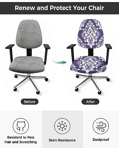 Purple Ethnic Totems Office Chair Covers 2PCS, Stretch Computer Chair Cover Universal Rotating Desk Chair Seat Cover Washable Back Chair Slipcover Protector Vintage Classical Brocade Old-fashioned