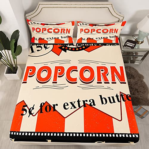 Vintage Cinema Movie Theater Sheet Set Movie Theater Bed Sheets Set for Kids Children Teens Cinema Poster Design Sheets with Deep Pocket Fitted Sheet Old Fashion Bedding Set Bedroom Decor 4Pcs King
