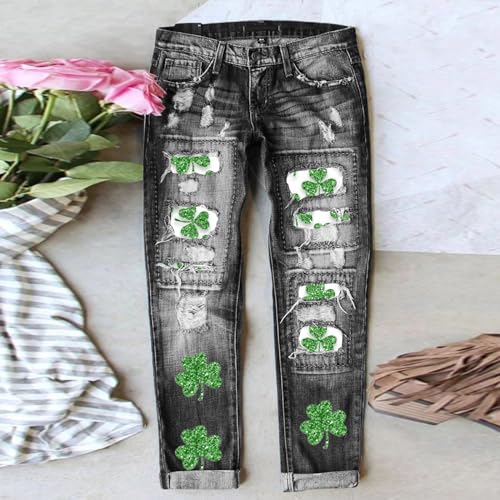 Women's Fashion Jeans 2024 Women's New Street Sampa Printed Perforated Straight Denim Trousers Features: