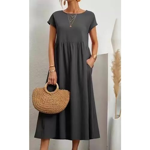 Women's 2024 Summer Boho Dress Women's Casual Solid Sleeveless Cotton Linen Dress with Pockets Loose Fit Round Neck