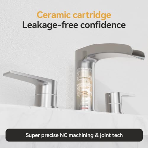 Phiestina Waterfall Brushed Nickel Bathroom Faucet, Widespread 3 Hole 8 Inch Vanity Sink Faucet, with Pop Up Drain and Water Supply Line, NS-WF005-BN