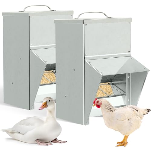 Uiifan 2 Pcs Galvanized Chicken Feeder Weatherproof Poultry Food Dispenser with Lid Chicken Food Dispenser Duck Feeder Rat Proof Chicken Feeder for Chicken Duck (25 lb)