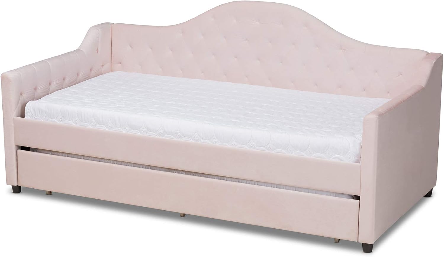 Baxton Studio Perry Modern and Contemporary Light Pink Velvet Fabric Upholstered and Button Tufted Twin Size Daybed with Trundle