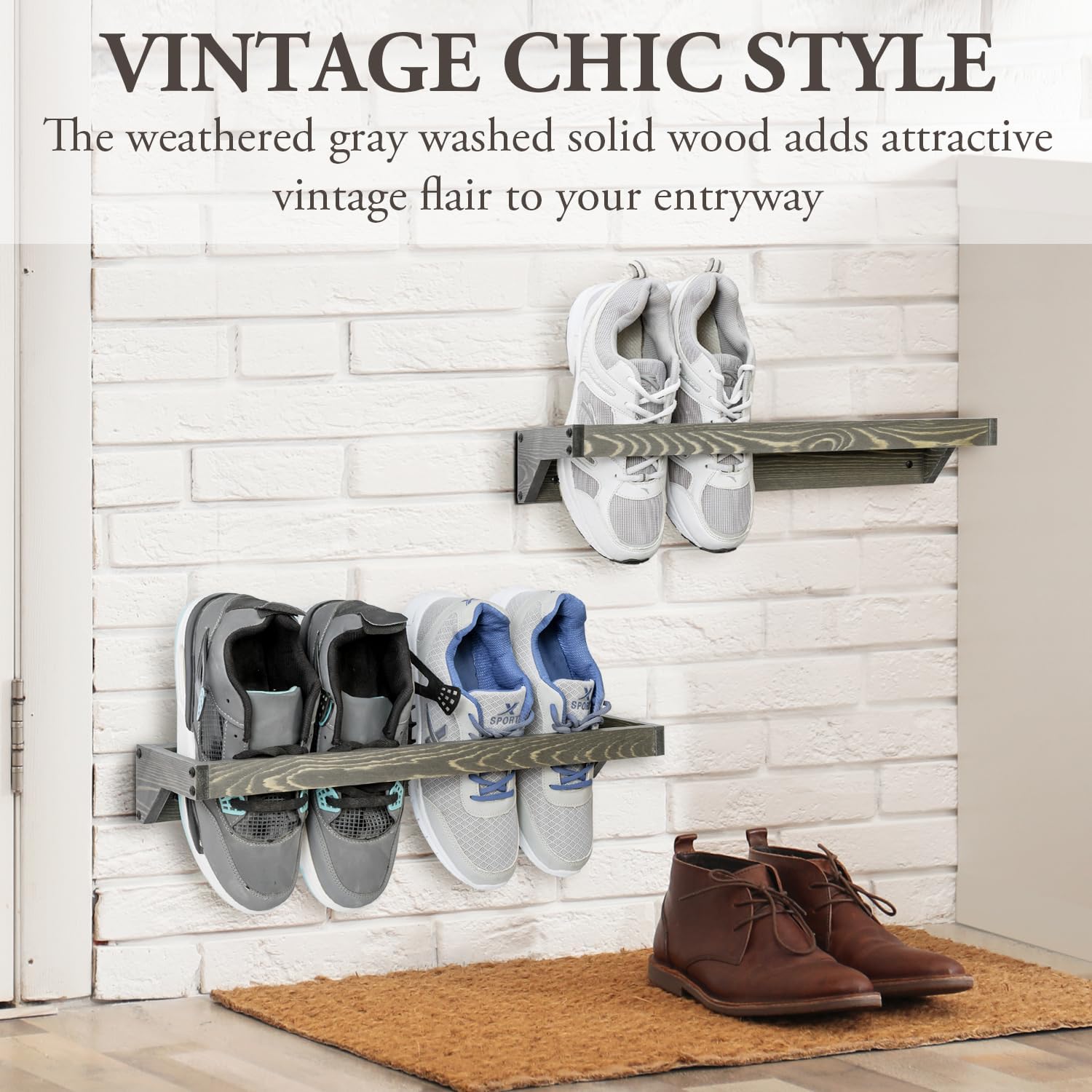 MyGift Set of 4 Vintage Gray Solid Wood Hanging Shoe Storage Organizer Racks, Wall Mounted Space Saving Footwear Holder for Closet, Mudroom, Entryway, Holds 8 Pairs